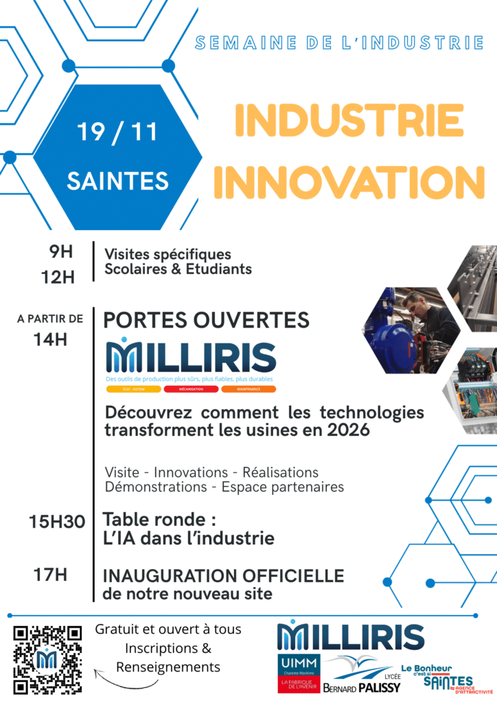Affiche portes ouvertes Milliris à Saintes le 19/11, Semaine de l'industrie