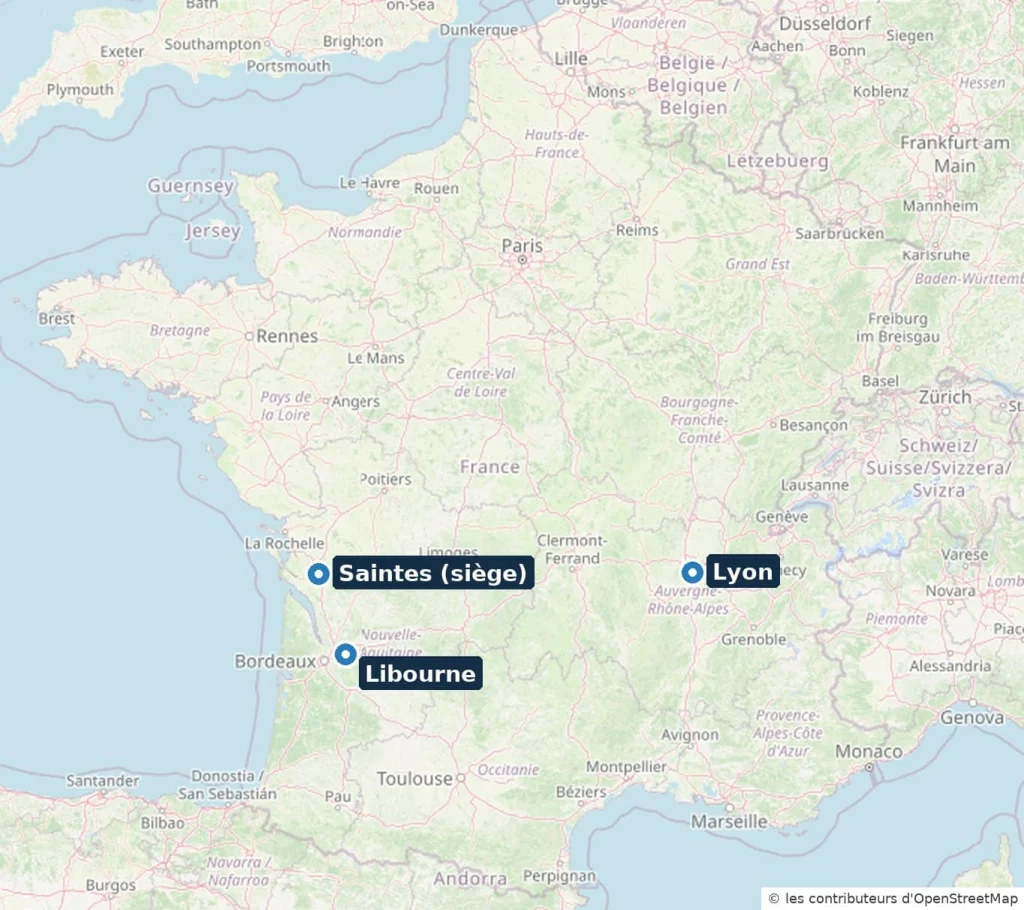 Carte des implantations MILLIRIS : Saintes (siège), Libourne et Lyon