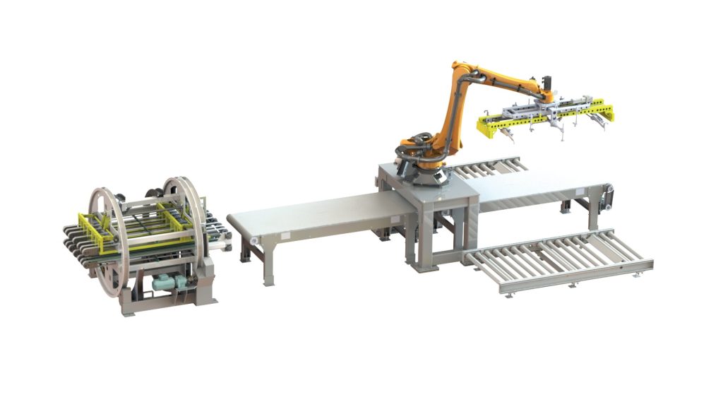 Cellule robotisée de palettisation en bout de ligne (modèle 3D)