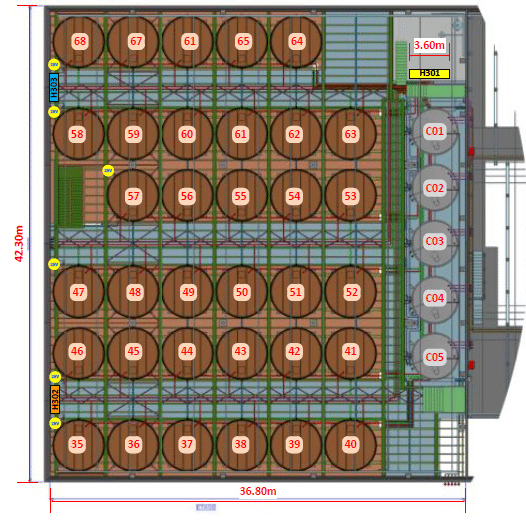 Plan d'implantation des cuves d'un chai de stockage automatisé